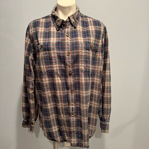 Duluth Trading Co Men’s XL Brown Blue Plaid Flannel Shirt Trim Fit Cotton
